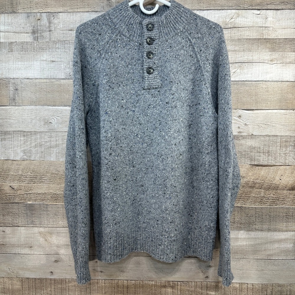 Marine Layer Mens Merino Alpaca Mock Neck 1/4 Button Sweater Grey Marled Medium
